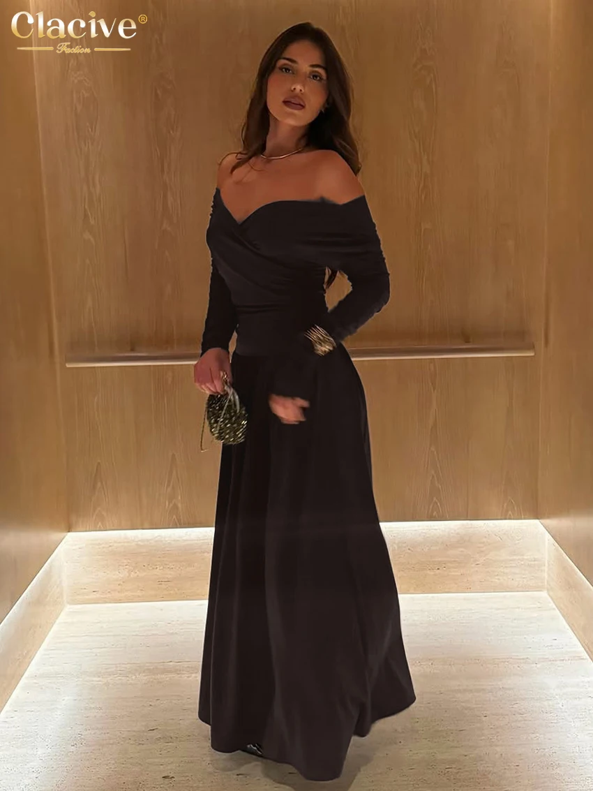 

Clacive Sexy Loose Brown Knitted Women's Dress 2026 Spring Slash Neck Long Sleeve Maxi Dresses Elegant High Waist Female Dress