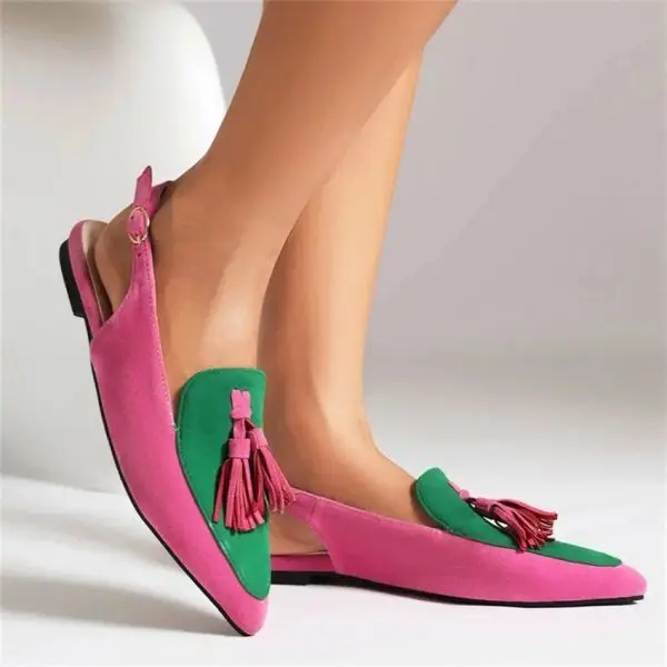 Mules Colorblock Tassels Decor Ankle Straps Pointy Toe Flat Heels Women Shoes