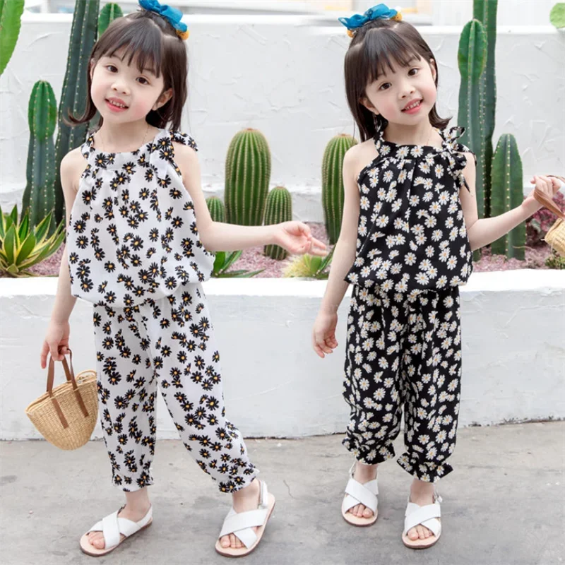 

Baby Girls Clothing Sets Summer Sleeveless Flower Kids Girls Clothes Chiffon Shirts Pants Suit Children Casual Loungewear