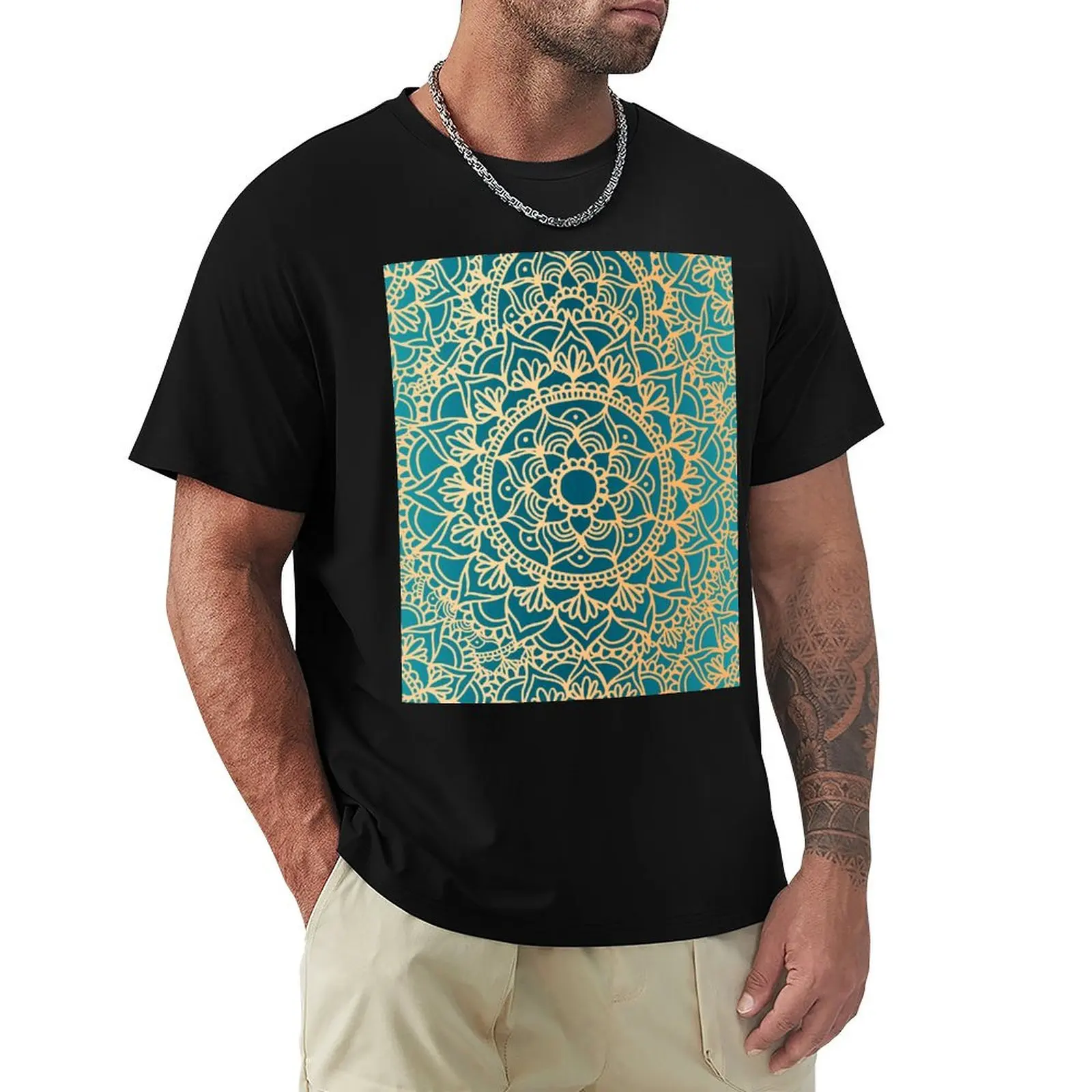 Green and Gold Mandala Pattern T-Shirt Breathable Gym Short Sleeve T-Shirt