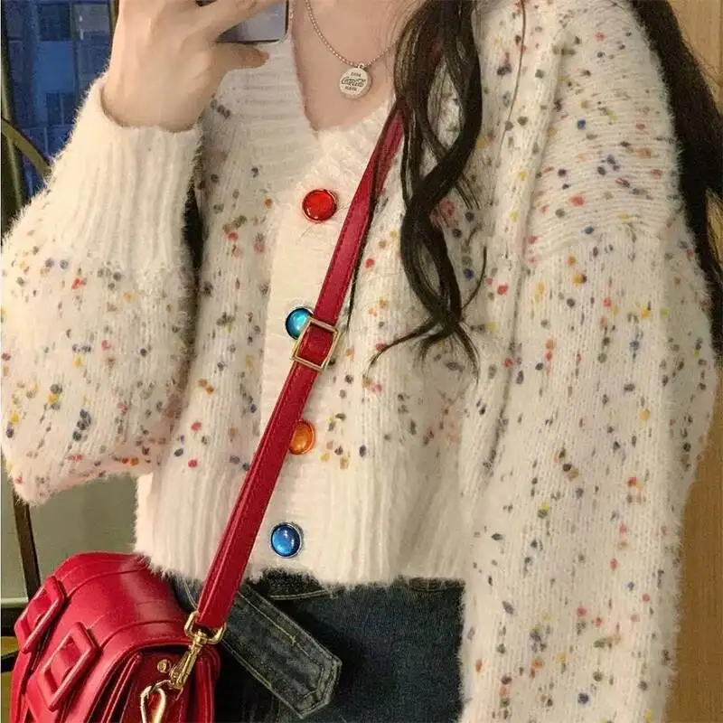 الخريف الدافئة محبوك للنساء الحلو لطيف نمط سترة قصيرة بالأزرار امرأة ملونة زر التباين الخامس الرقبة سترة #5