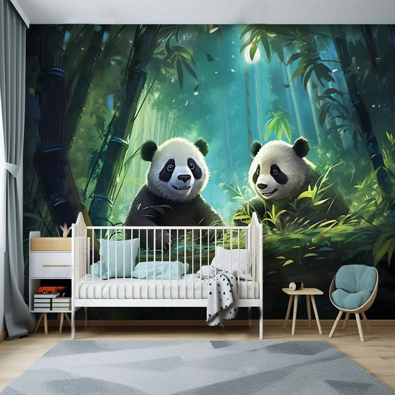 Custom Wall Cloth Cartoon Cute Panda Bamboo Forest Wallpaper Children's Room Background Wall Home Decor Mural Papel De Parede 3D