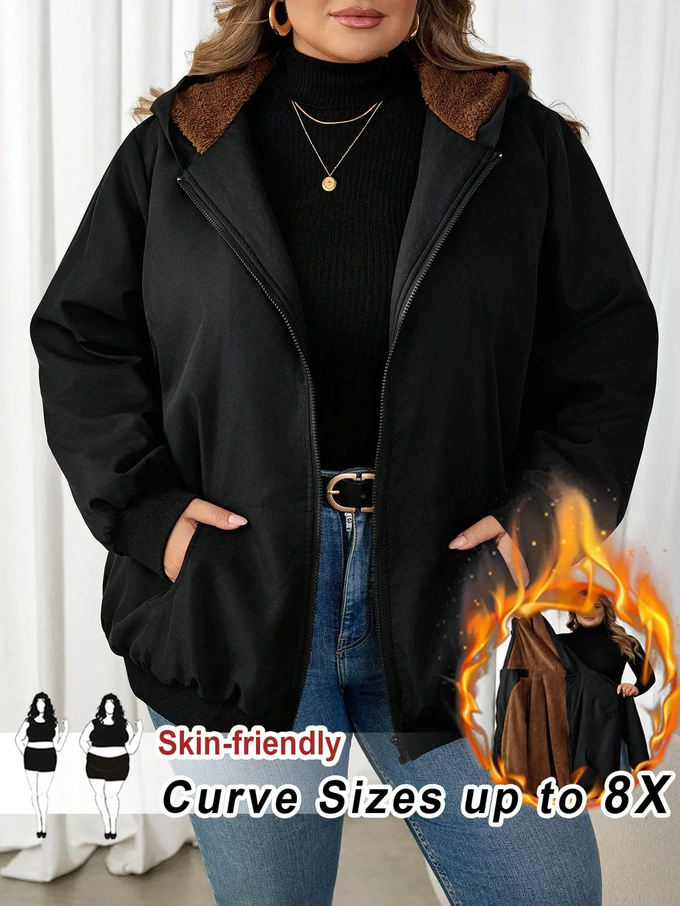 

Plus Size Teddy Lined Hooded Zip Up Jacket for Winter, Skin-Friendly Warm Cozy Outerwear