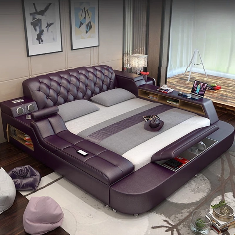 

Leather Storage Double Bed Multifonction Luxury Tatami Massage Bed Living Room Minimalist Camas De Dormitorio Furnitures