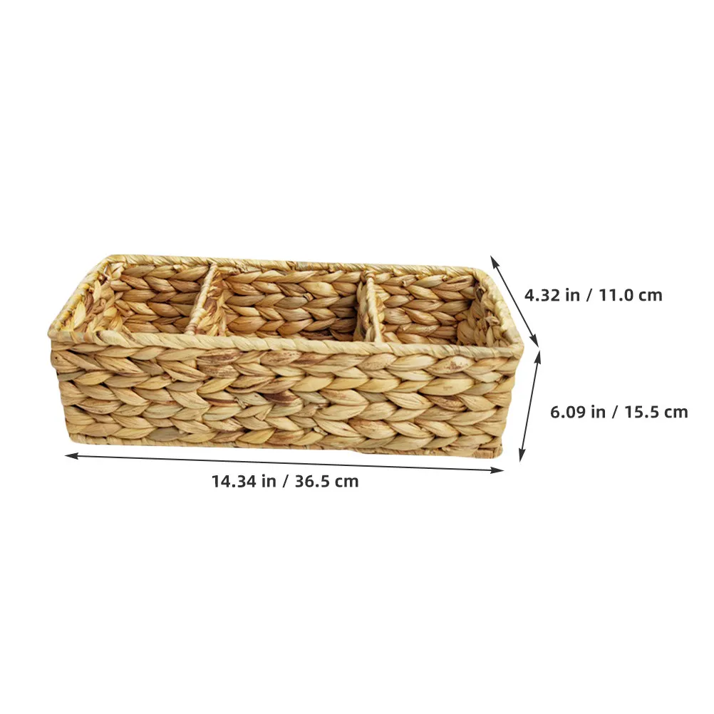 3-Section Woven Desktop Basket Natural Water Hyacinth Organizer Sundries Kitchen Cutlery Storage Rack Multi-Purpose Storage