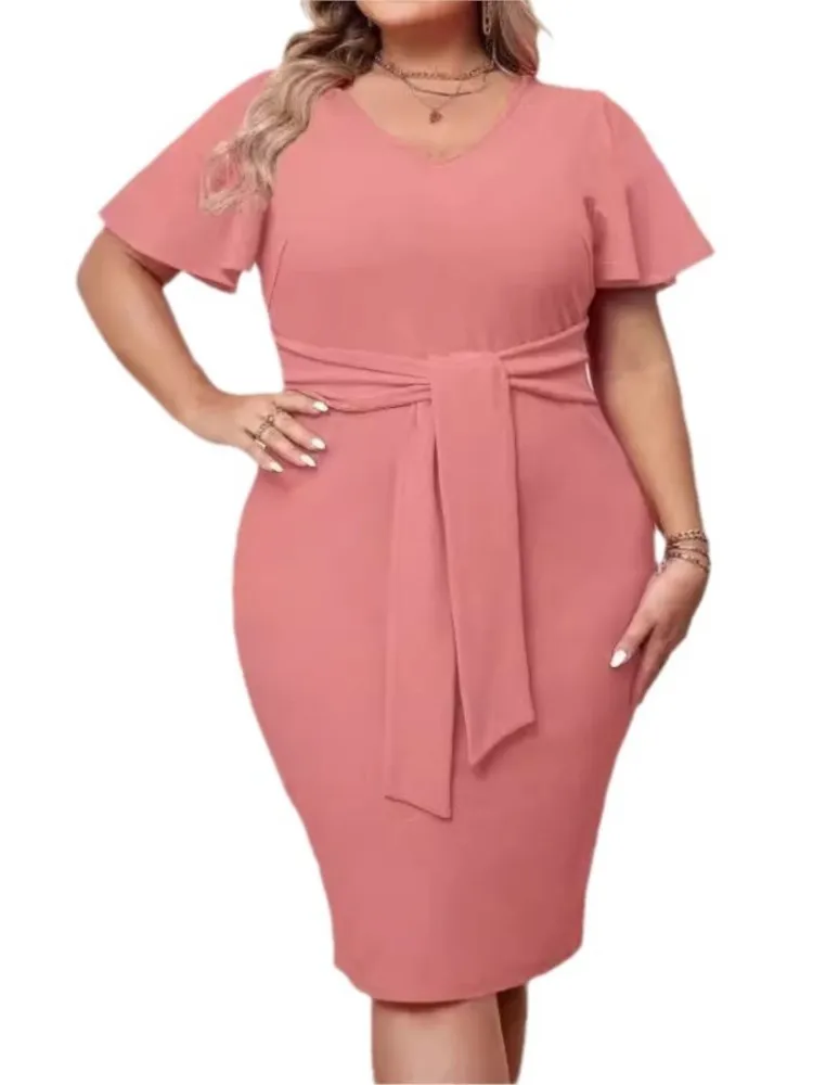 Plus Size Summer Midi Dress Women Pink Elegant Ruffle Pleated Short Sleeve Modis Ladies Dresses Slim Bodycon Woman V-Neck Dress