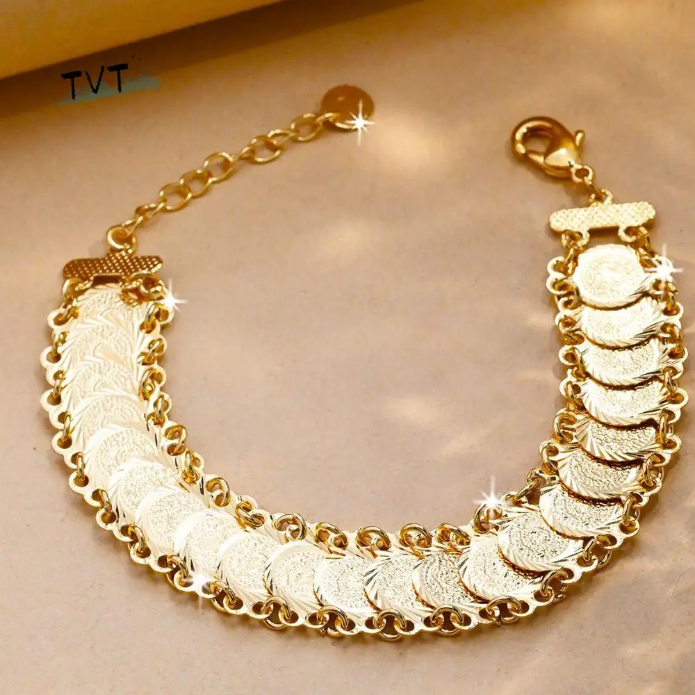 

Jewelry Accessories Coins Bangles Bracelets Plating Luxury Gold Coins Bracelet Brass Adjustable Exquisite Hand Bangle Daily