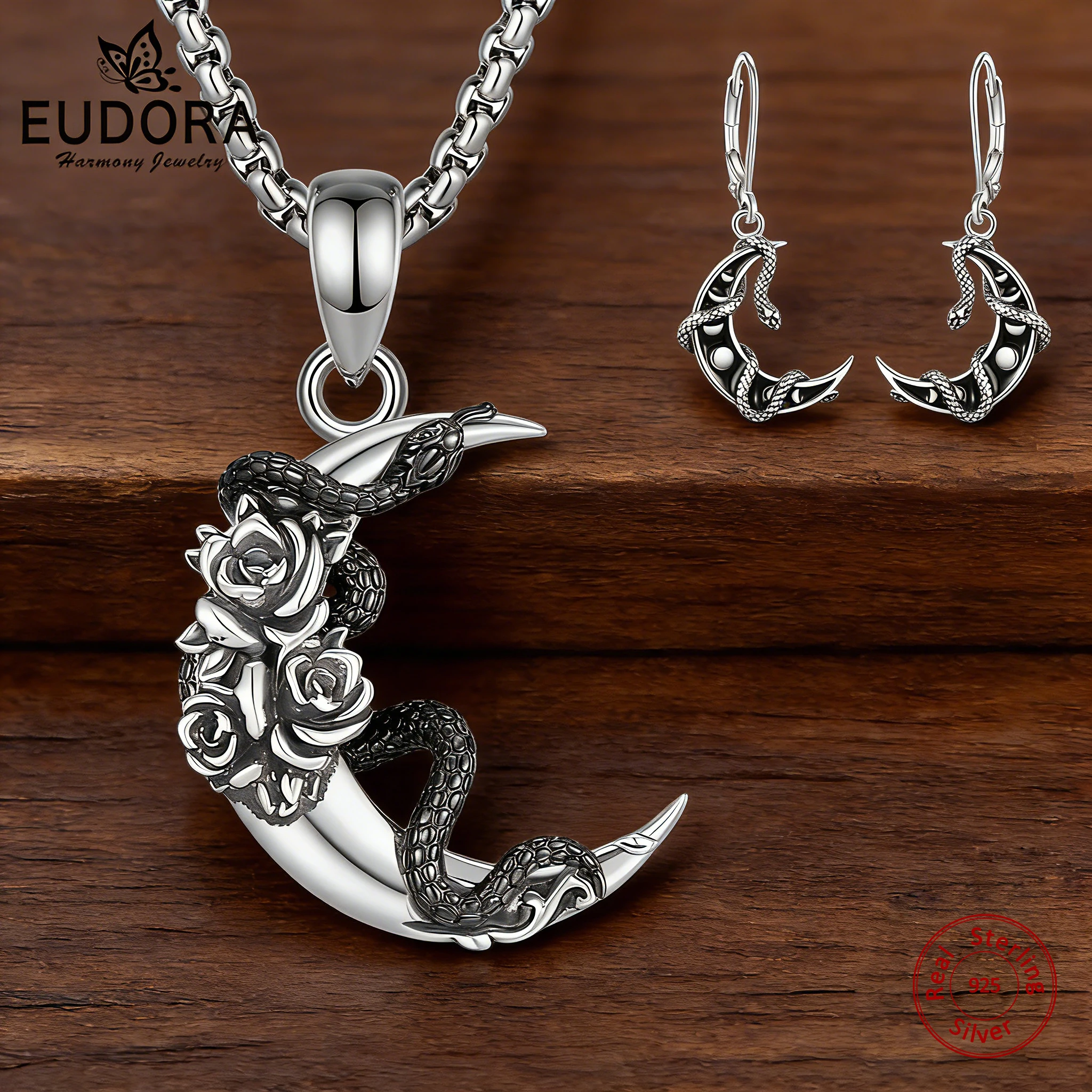 

Комплект украшений Eudora из стерлингового серебра 925 пробы: колье-змея с фазами Луны, серьги-подвески, в стиле небесной розы, паганские ведьминские украшения, подарок для женщин