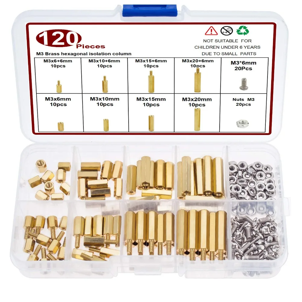 

120PCS M3 Hex Standoff Spacer Kit - Brass Male Female Threaded Column + Nuts Screws Assortment for PCB Raspberry Pi Laptop Mothe