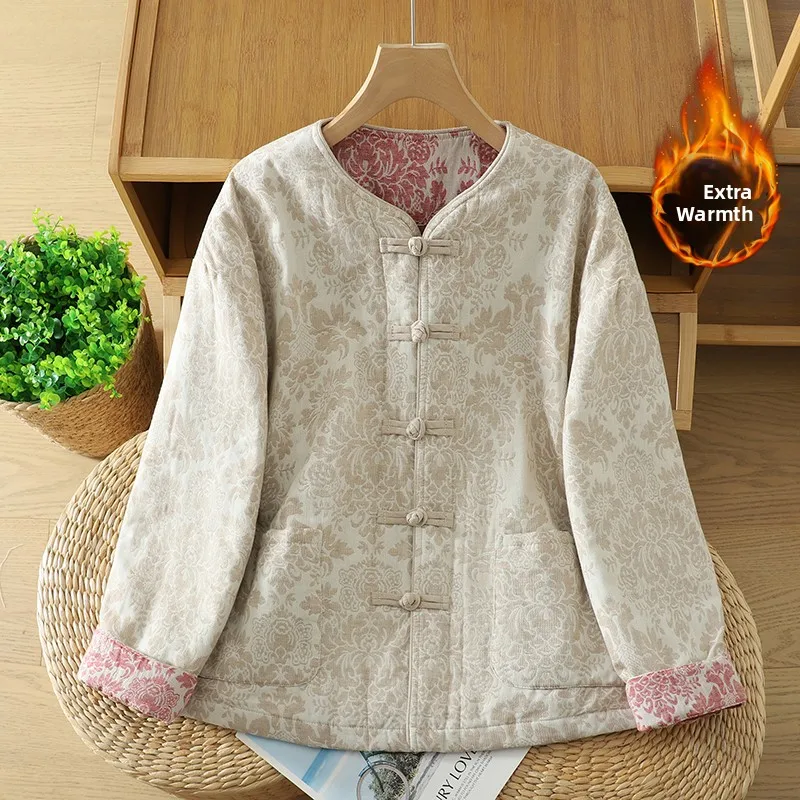 

Retro Flax Color Blo Cotton Jaet Loose Buttoned Thiened Warm Lightweight Chinese Sle Women's Commute Winter Coat