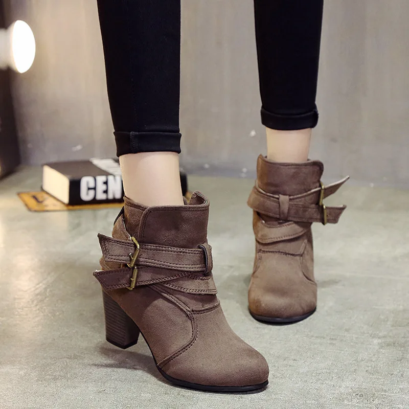 Autumn Chunky Heel Women Boots Retro Ankle Boots belt buckle Female Shoes vintage Round Toe Casual High Heels  boots