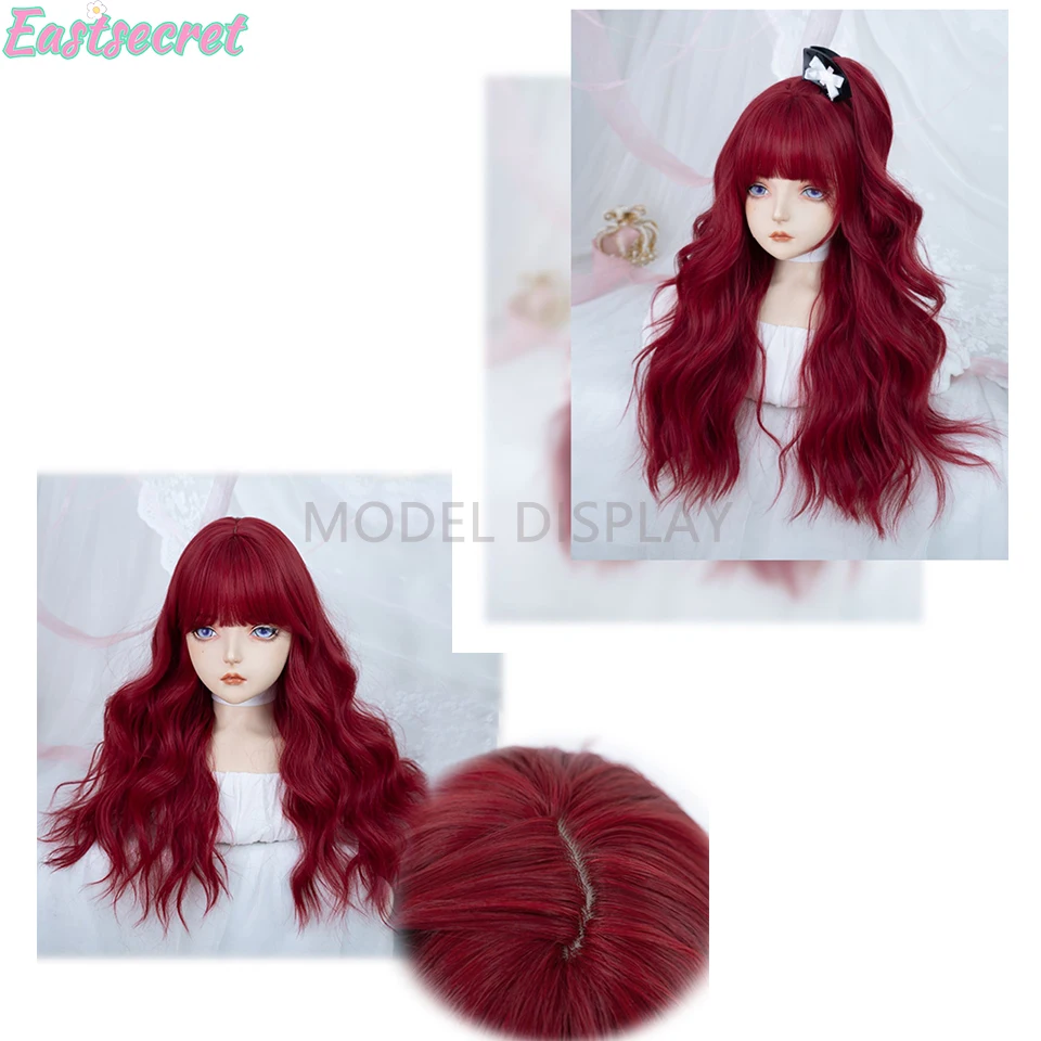 Long Body Wave Wig with Bangs Burgundy Wine Red Colorful Party Wig for Women Natural Daily Cosplay Synthetic Hair Heat Resistant