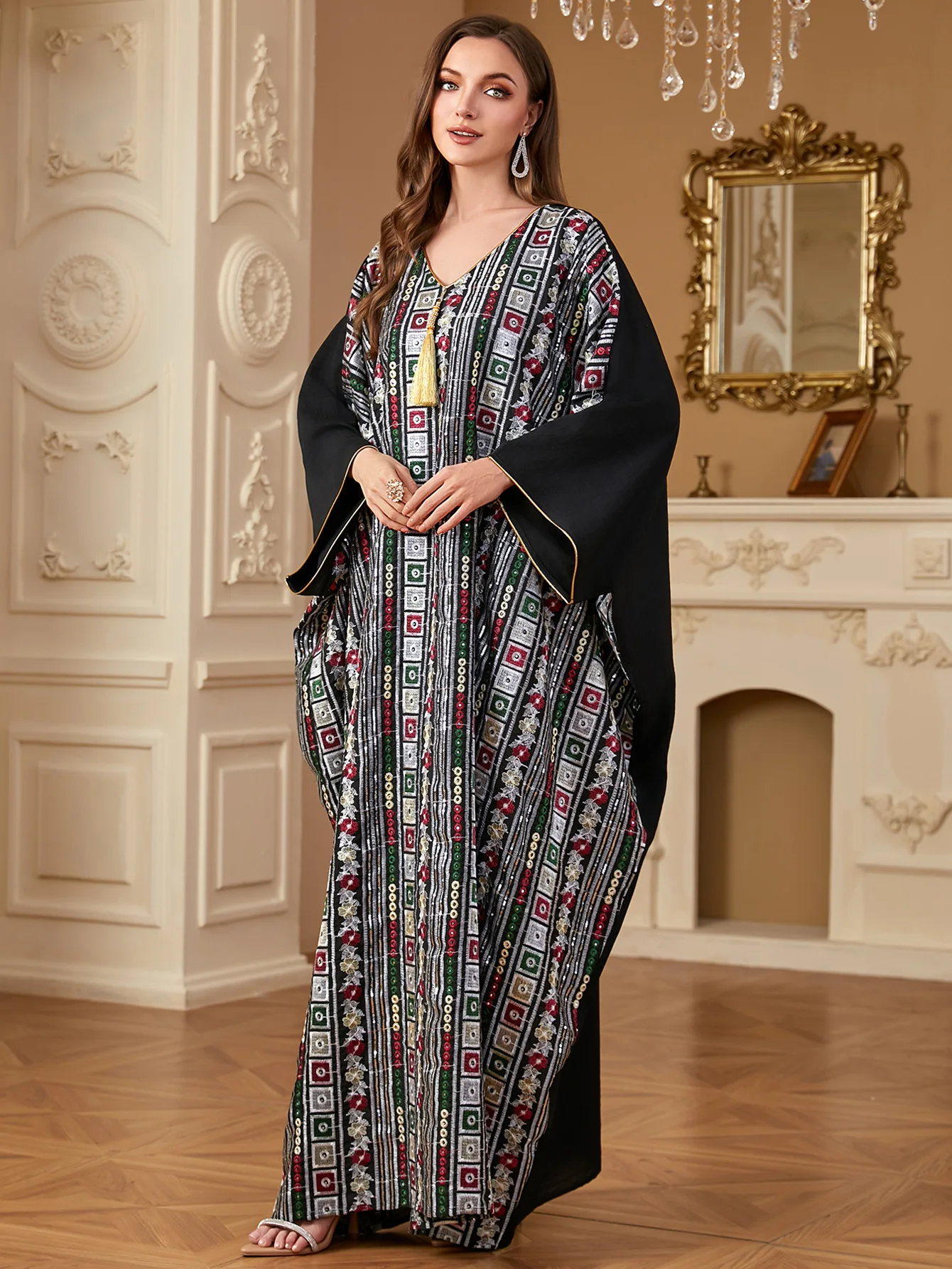 

Ramadan Muslim Women Embroidery Maxi Dress Abaya Tassel Kaftan Eid Batwing Sleeve Jalabiya Kebaya Caftan Marocain Femme Robe New