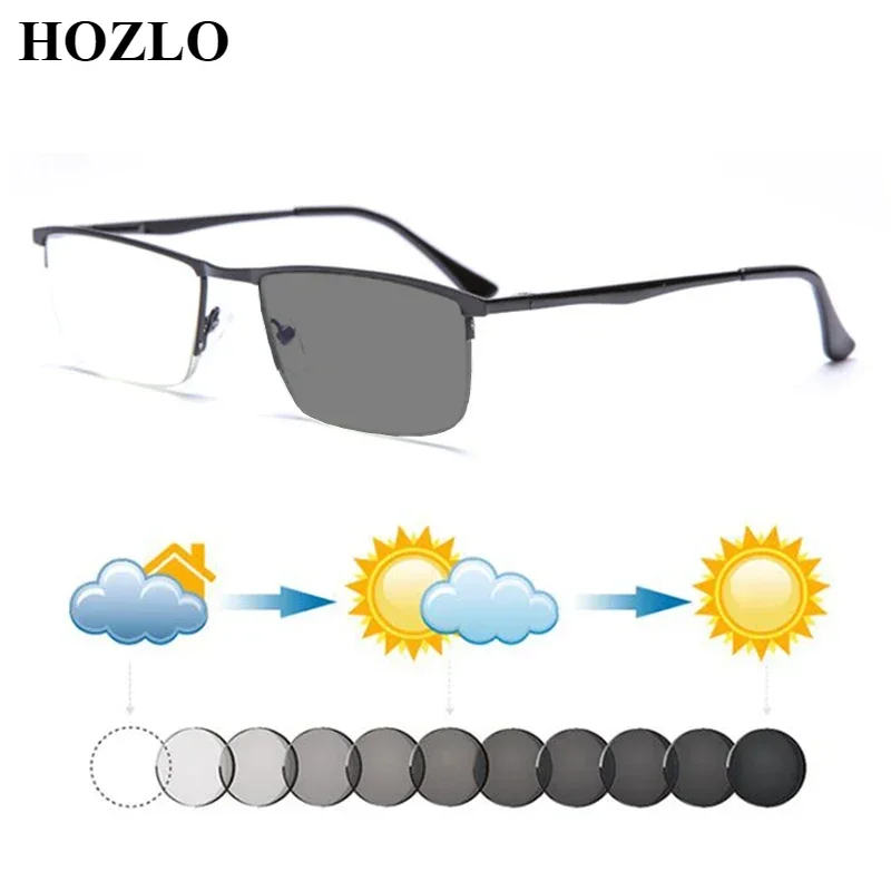 Unisex Rectangle Semi Rim Metal Photochromic Reading Sunglasses Women Men Hyperopia Shades Spectacles Presbyopic Dark Glasses