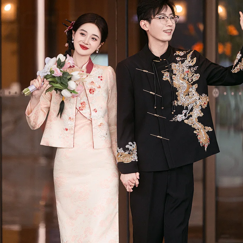 

Новое китайское обручальное платье Cheongsam 2024, свадебное платье для тостов для пожилых людей, розовый комплект из двух предметов для банкета невесты