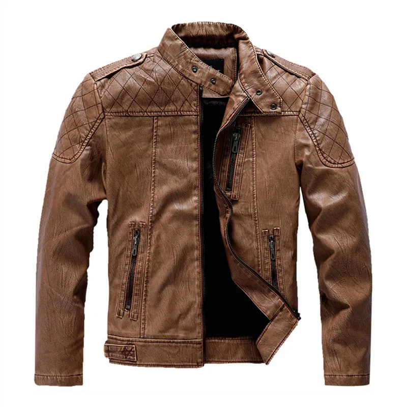 

Мужская кожаная куртка с воротником-стойкой на осень-зиму, облегающая, с флисовой подкладкой, из искусственной кожи, винтажная, для мотоциклистов