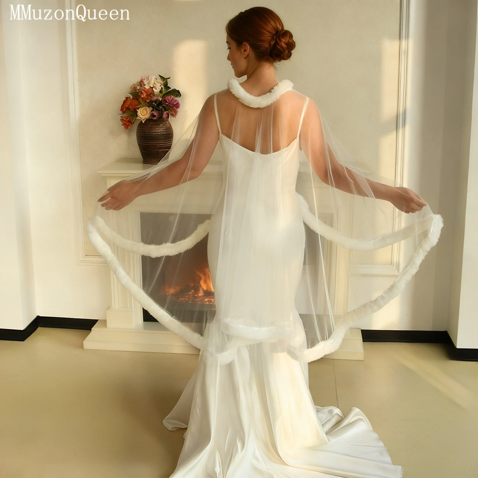 

TOPQUEEN Vg134 Bridal Wedding Dress With Women Tulle Shawl With Fur Trim Winter Wedding Coat Wedding Accessories Customizable