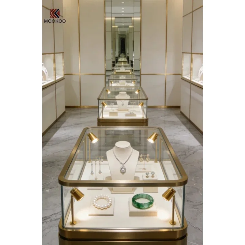 custom.Custom Modern Golden Stainless Steel Glass Jewelry Display Cabinet Complete Jewellery Shop Interior Design Fixtures