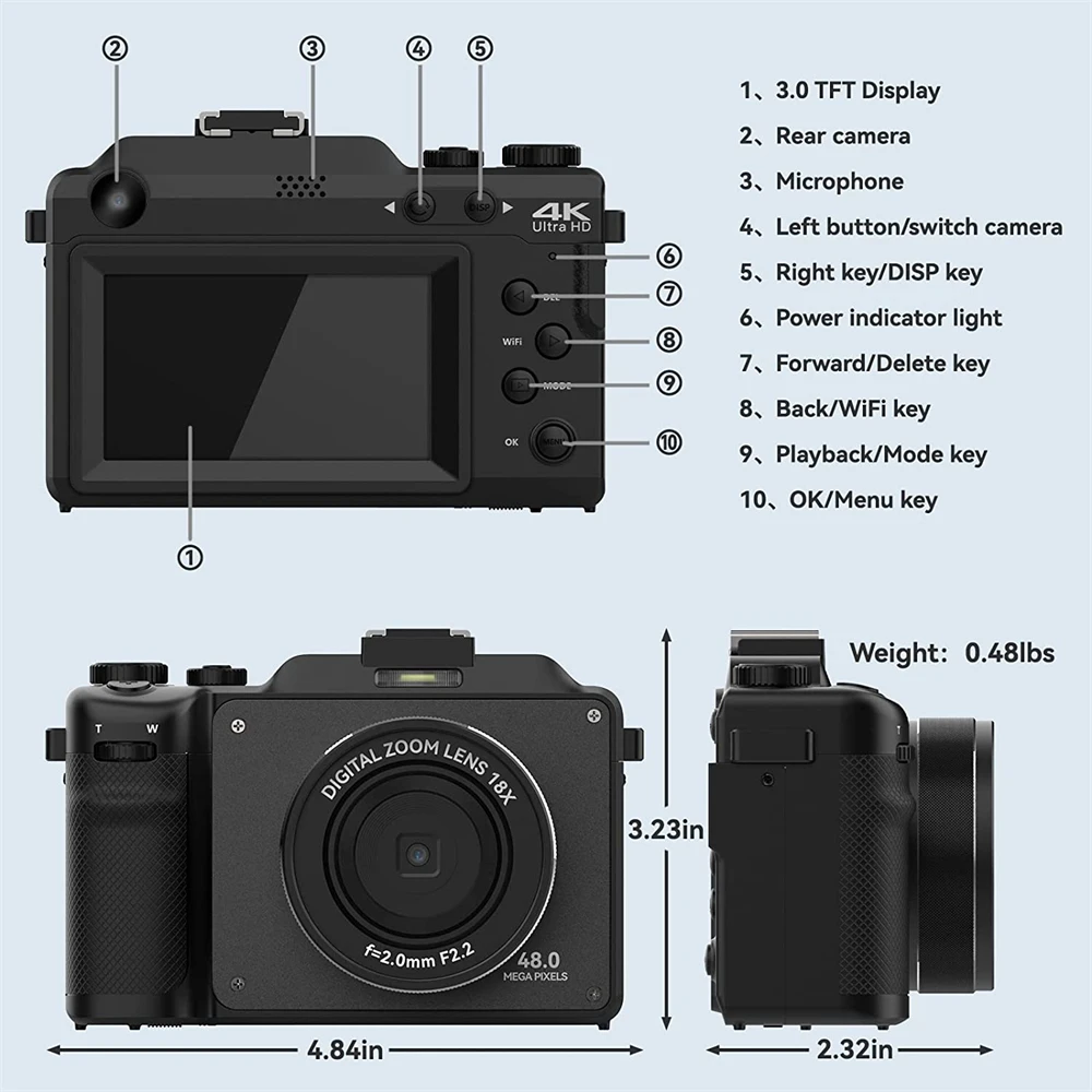 Imagem -04 - Câmeras Fotográficas Digitais de Grande Angular Frontal e Traseira Lente Dupla Selfie Filmadora para Fotografia Faça Você Mesmo Frame 48mp 18x 4k Wifi Video Câmera