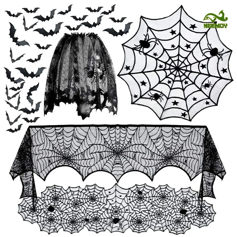 Halloween Decoration Tablecloth Table Flag Black Lace Spider Web Meal Tablecloth Halloween Decoration Party Desktop Decoration