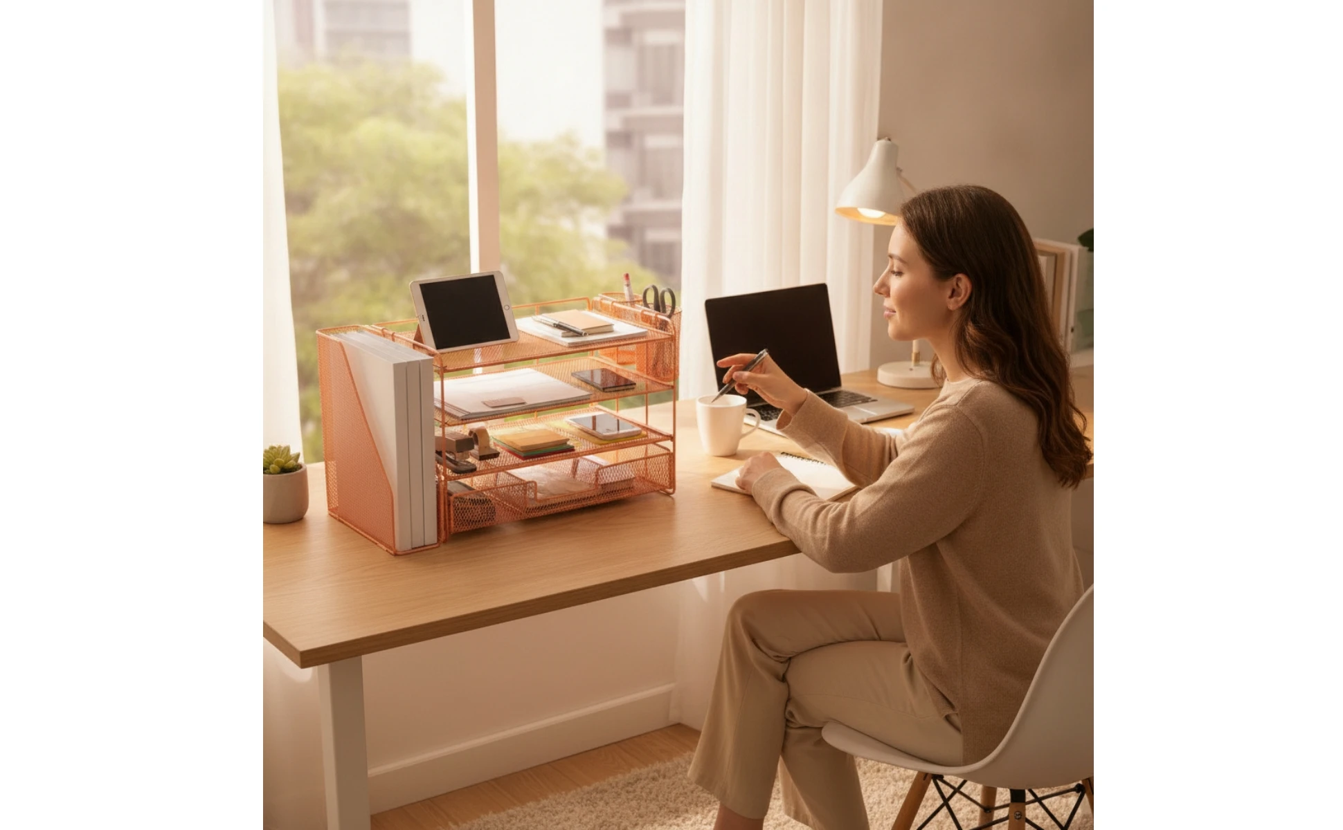 Mesh Desk Organizer with File Slot 4-Tier Desktop Organizer Rack Paper Letter Holder Open Design for Professionals, Office