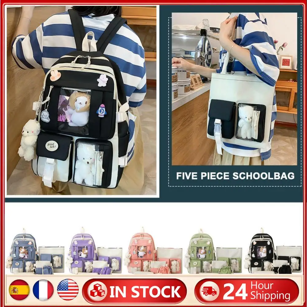 5pcs/set Canvas School Backpacks Multi-function Women Lovely School Bags for Girl Shoulder Bags Travel Commemoration Rucksack