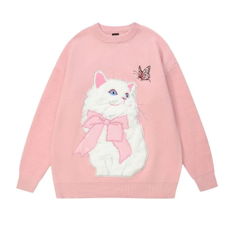 Sweet Girl Women Cartoon Sweater Cute Flocking Cat Long Sleeve O-neck Knitted Top Autumn Winter New Knitted Sweatshirt Oversized