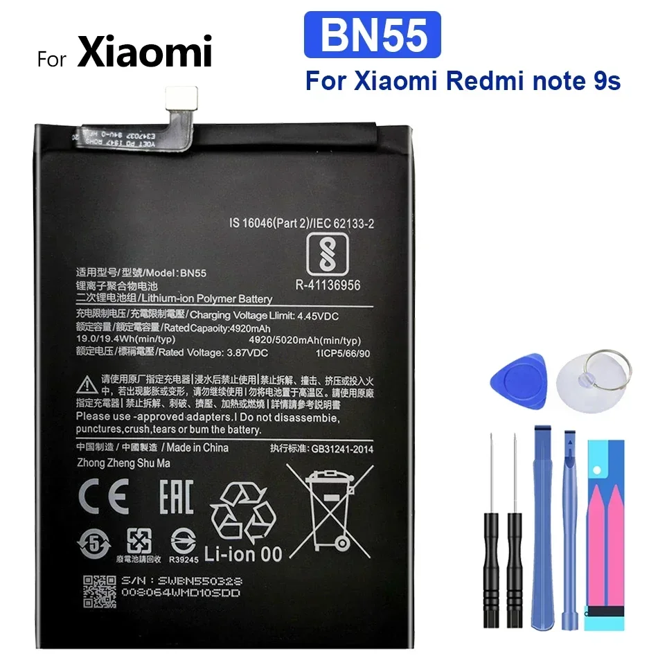 Replacement Battery for Xiaomi Redmi Note 9 Pro, 5020mAh, BN53, BN54, BN55, BM4W, BN62, 9S, 4G, 5G, Batteries Tools