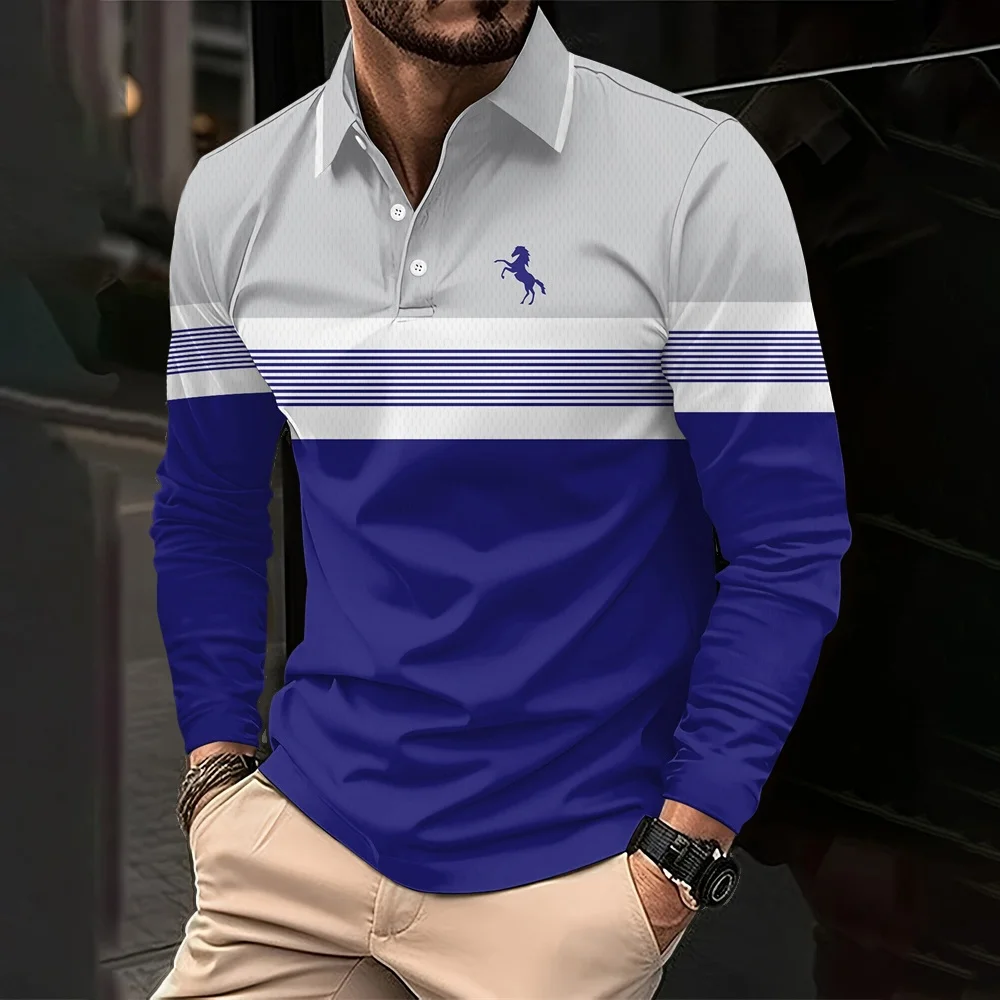

Spring Autumn New Men Clothes Long Sleeve Button Stripe Polo Shirt Men Sport Quick Drying Polyester Turn-down Collar Polo Shirt