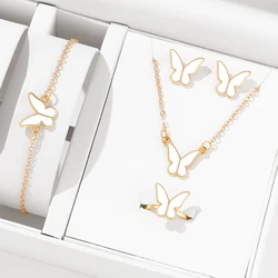 5 Piece Set Of White Butterfly Design Fashionable And Exquisite Temperament Necklace Earring Ring And Bracelet Combination Set