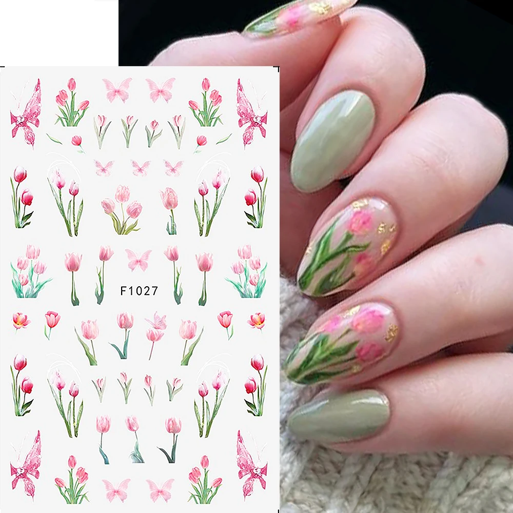 Tulip Nail Stickers Spring Flowers Leaf Lavender Sliders For Nails Pink Blue Butterfly Florals 3D Design Manicure Wraps GLF1027