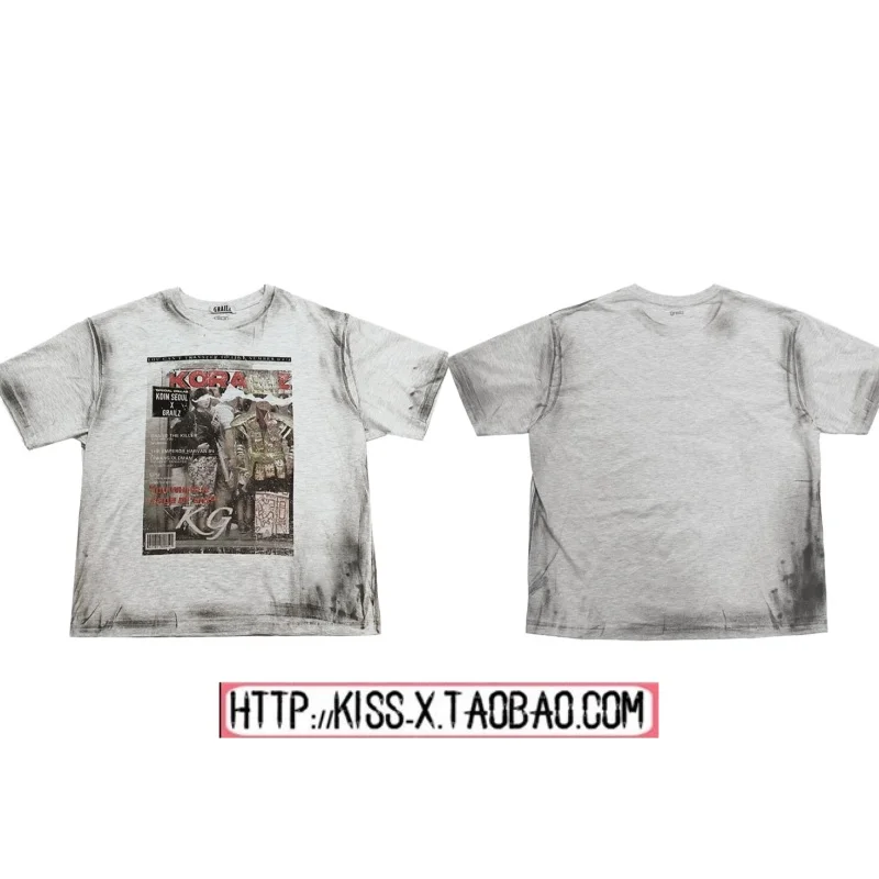 

Trendy Couple Short Sleeve T-Shirt Worn-In Print Portrait Design Breathable Cotton Casual Wear for Men And Women