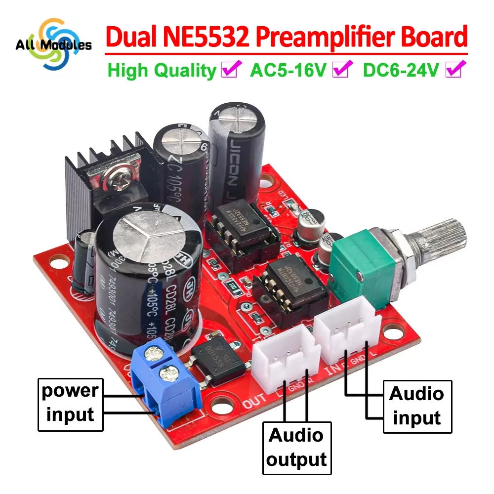 Dual NE5532 Preamplifier Board AC5-16V DC6-24V Single Power Amplifier Module Microphone Preamplifier Module Audio Op Amp Board