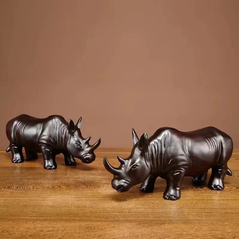 Ebony Carved Rhino Ornaments Solid Wood Carved Animals Home Decoration Office Desktop Decorations Redwood Crafts Decorations