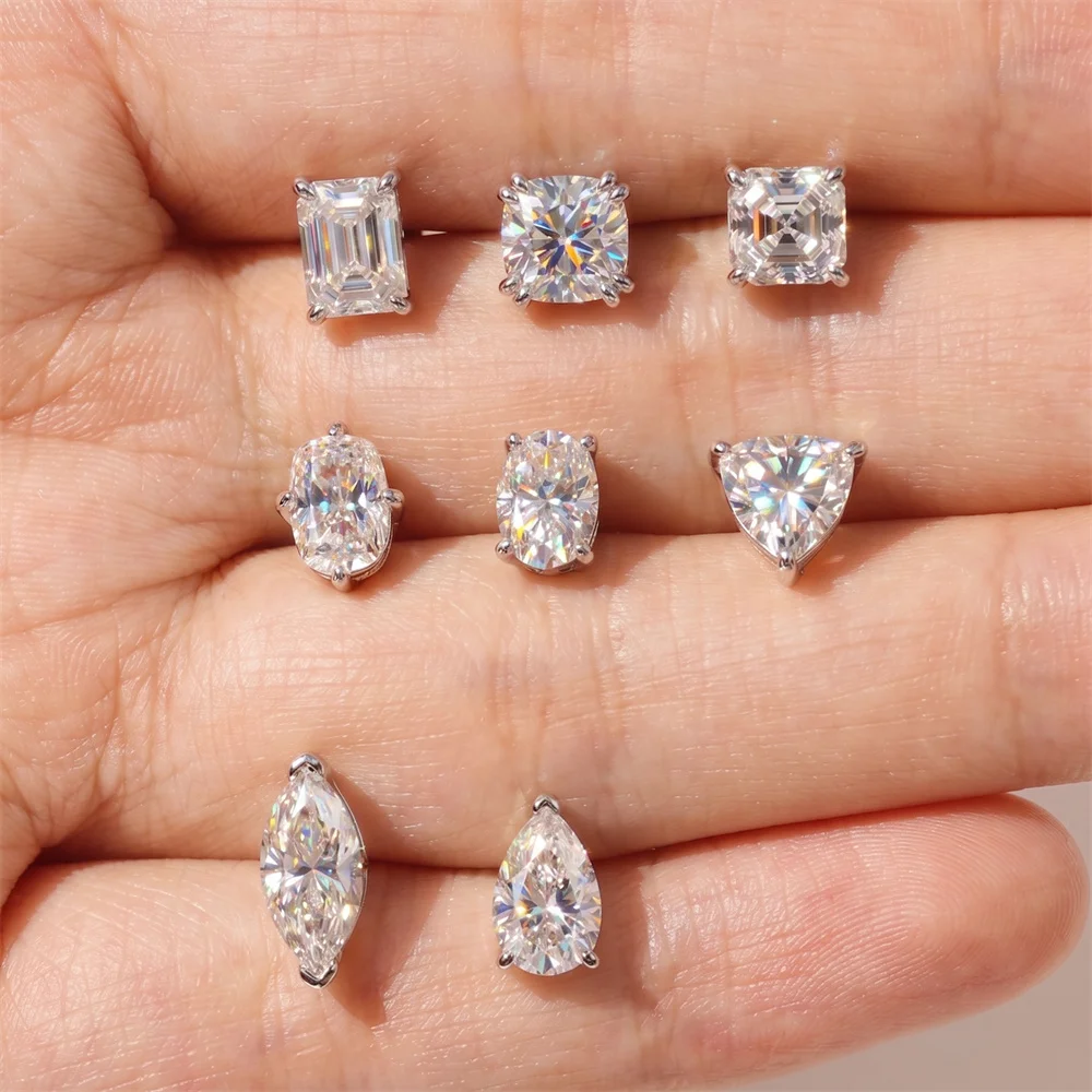 AIDE 925 Sterling Silver Classic Moissanite Flat Back Piercing Earring for Women 1 Carat Geometric Shape Wedding Bridal Jewelry view 4