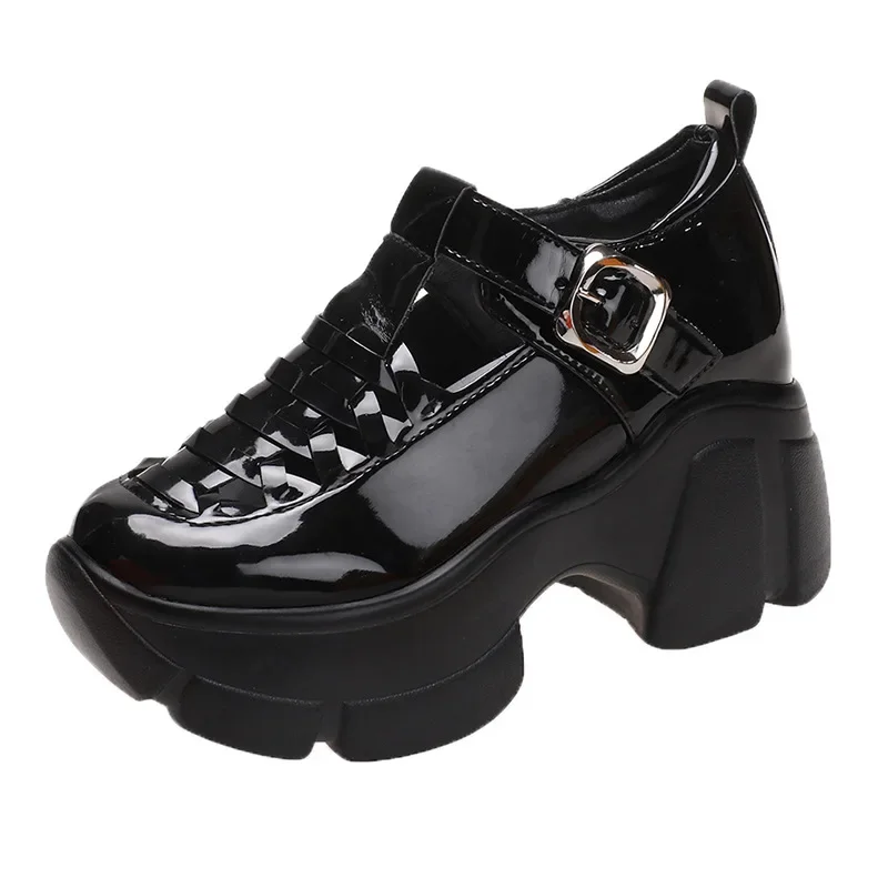 Women Patent Leather Chunky Sneakers Breathable Chain High Heels British Style Platform Casual Shoes Woman 7cm