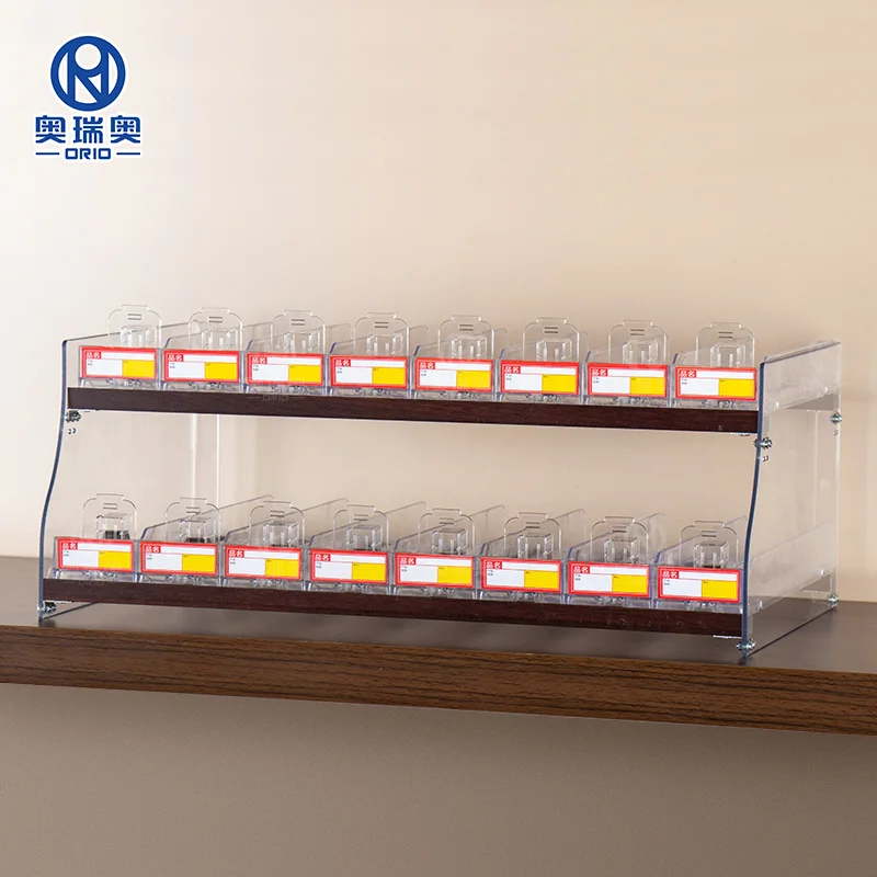 Trapezoidal Cigarette Display Cabinet Rack, Woodgrain Aluminium Tobacco Stores Shelving Supermarket Cigarette Display Shelf Rack