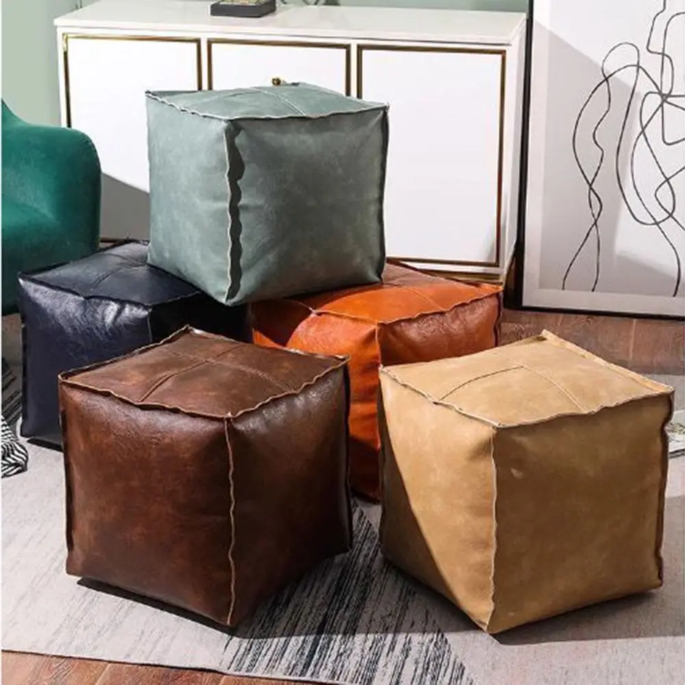 Non-Slip Storage Stool Large Capacity No Fillings Unstuffed Cushion Cover Waterproof Stackable PU Leather Ottoman Shoe-changing