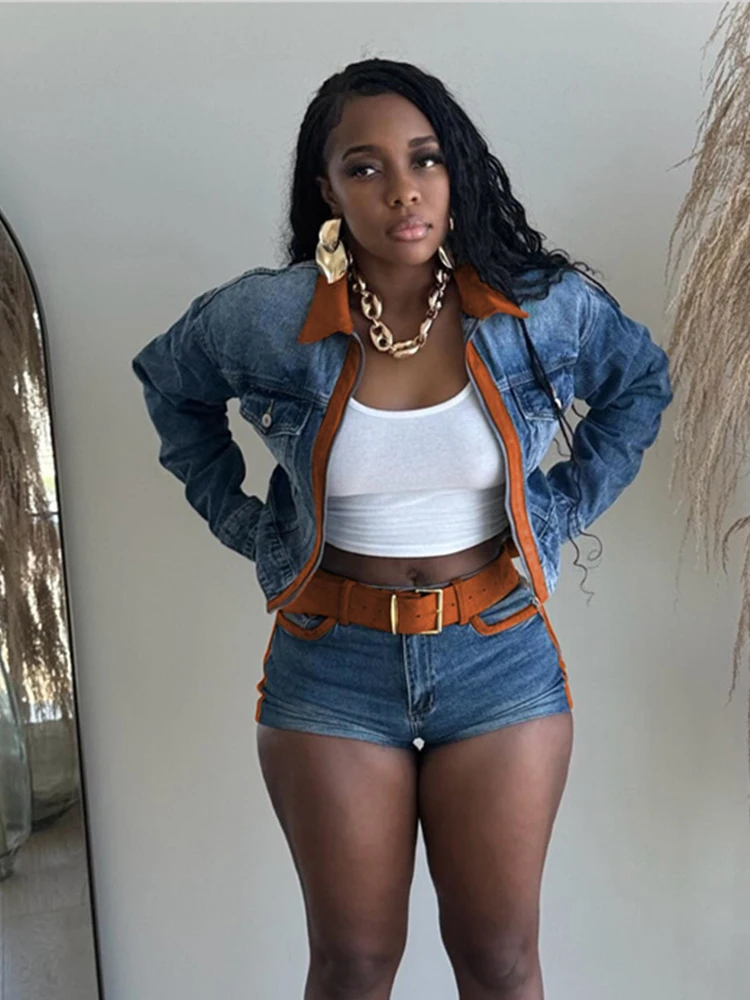 Kliou Vintage-Stil Denim 2-teiliges Set Frau Kontrastdesign Reißverschluss Polo-Ausschnitt Crop Jacke + Skinny Shorts Hottie Street Fashion Outfits