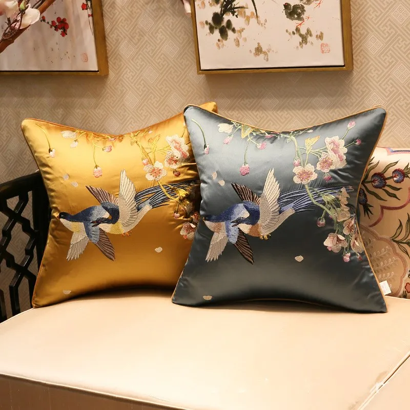 

Blue Gray Cushion Covers Luxury Chinese Little Bird Plum Blossom Embroidery Decorative Pillow Cases Sofa Bedroom Living Room Car