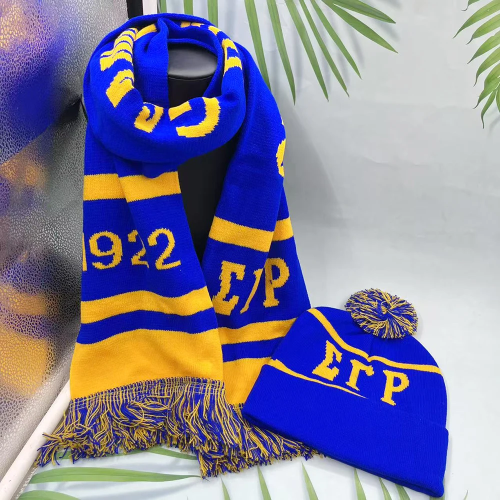 Sigma Gamma Rho Greek Letter 1922 Sorority Sisters Party Winter Yellow Blue Scarf Hat Set