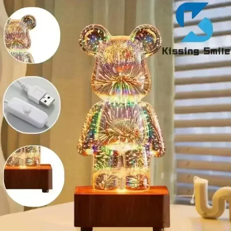 3D Fireworks Bear Night Light Projection Colorful USB Atmosphere Dimming Living Decorative Decor Room 3D Glass Fireworks Bedroom