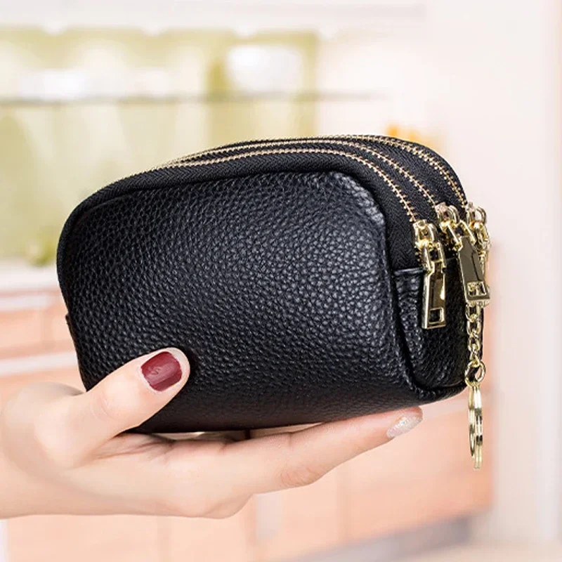 MJ Genuine Leather Coin Purses Three Zipper Women Short Clutch Wallets High Quality Card Holder Wallet Keychain Mini Money Purse