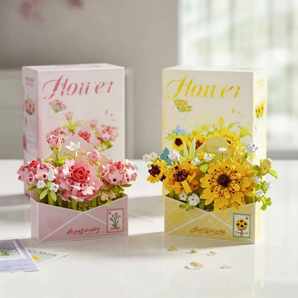 Envelope Shaped Flower Building Blocks DIY Assembly Floral Brick Model Desktop Ornament Stress Handcrafted Decor Souvenir Gift