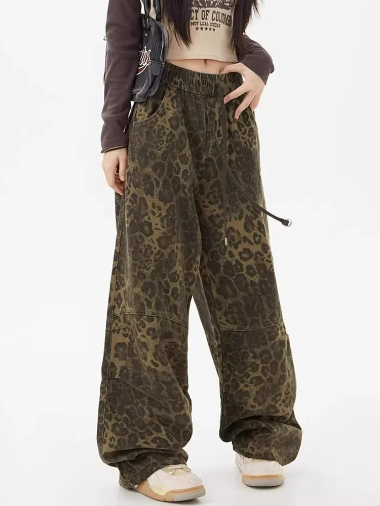 Streetwear Leopard Cargo Pant Women Vintage Harajuku High Waist Loose Trousers Hip Hop Spring Y2K American Retro Casual Pants