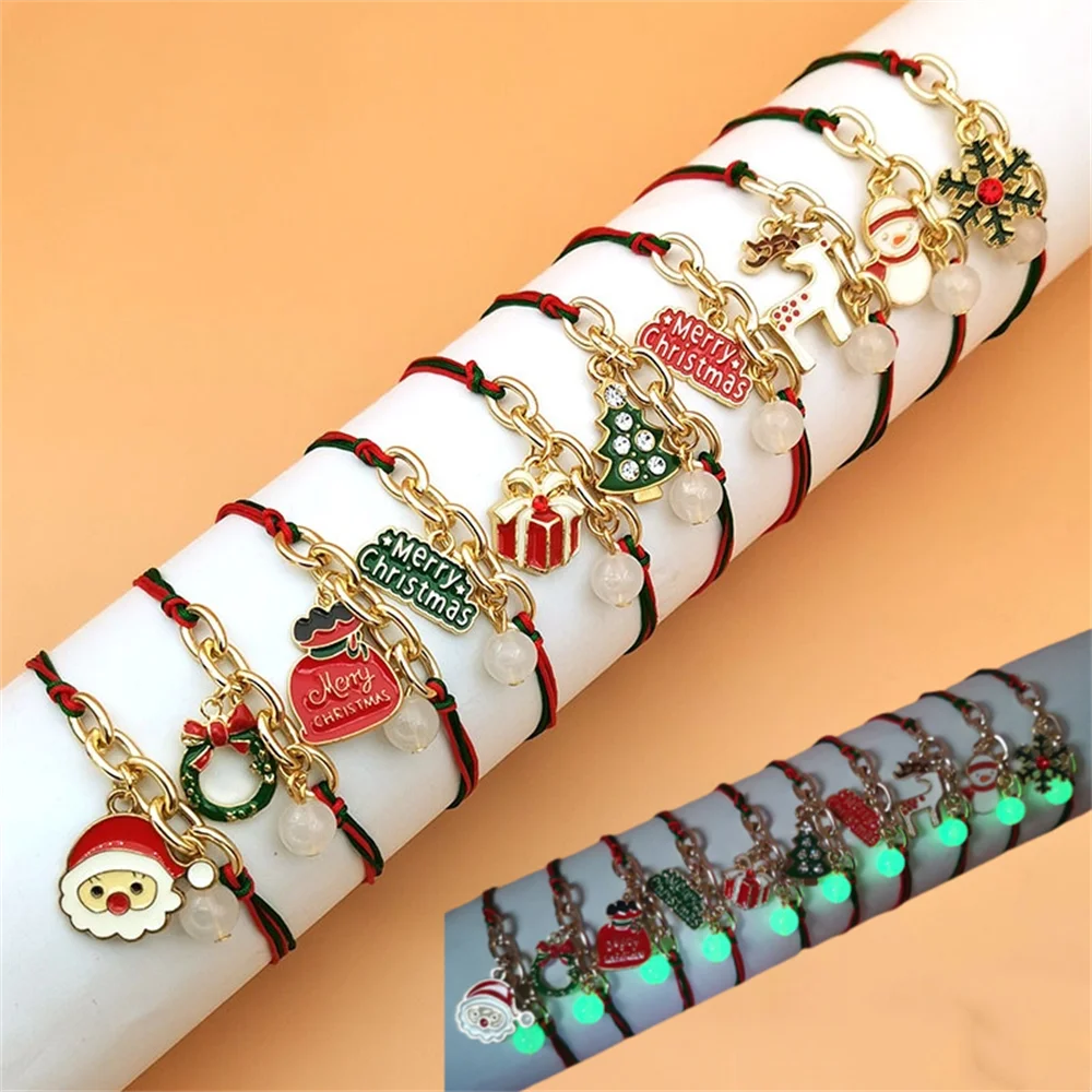 Christmas Braided Rope Bracelet Glow-in-the-Dark Wrist Bracelets Santa Claus Alloy Pendant Bracelet Women Kid Gift Party Jewelry