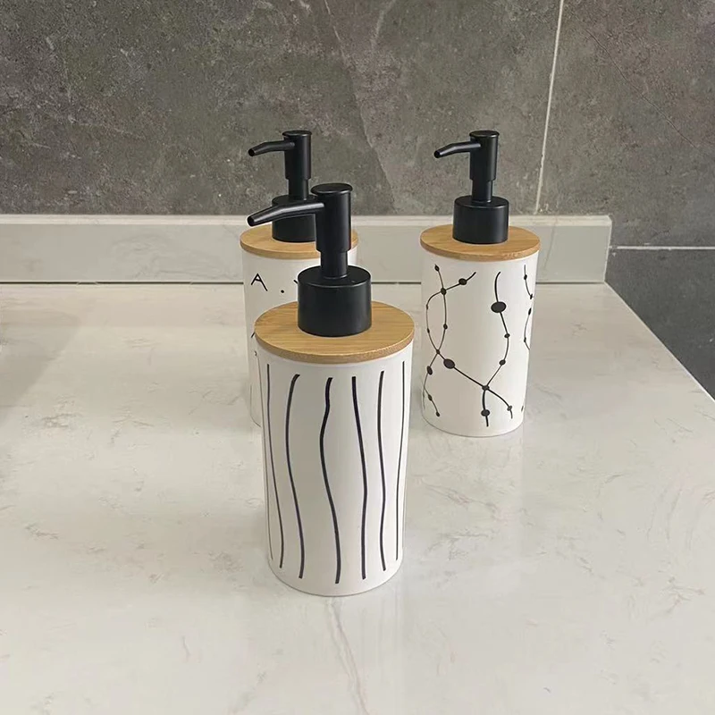 Plastic Liquid Soap Dispensers with Bamboo Cover, Hand Wash Bottle, Shower Gel Shampoo Bottles, Bathroom Accessories, 320ml