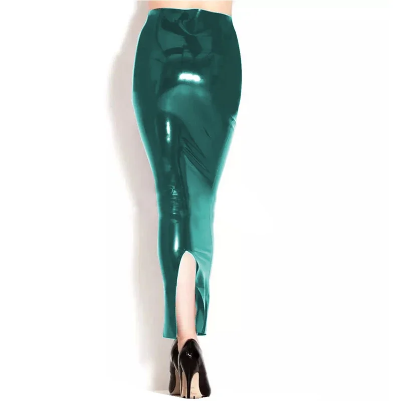 Women glossy PVC leather midi skirt back slit seamless high waist slim pencil skirts sexy latex look hobble skirts streetwear