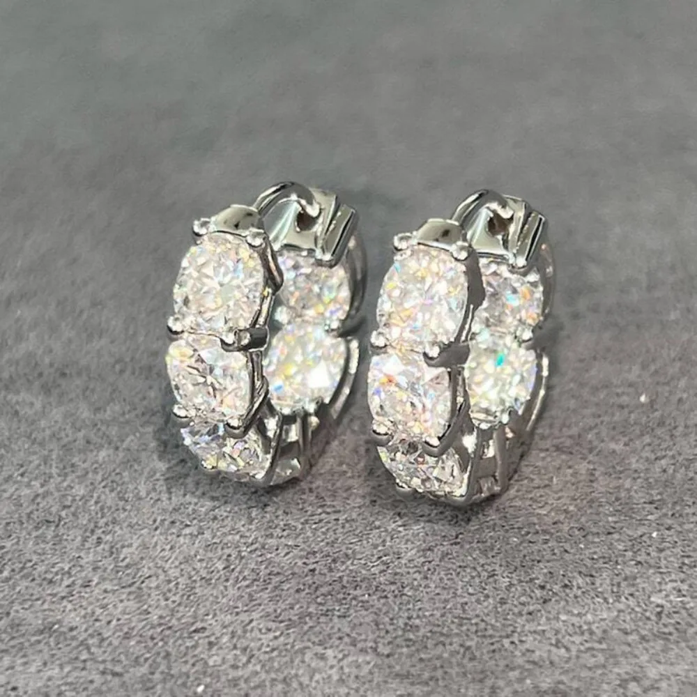 Luxury Full Row Oval CZ Huggie Hoop Earrings Silver Color Oval Zircon Leverback Earrings for Women Bridal Birthday Gift Jewelry