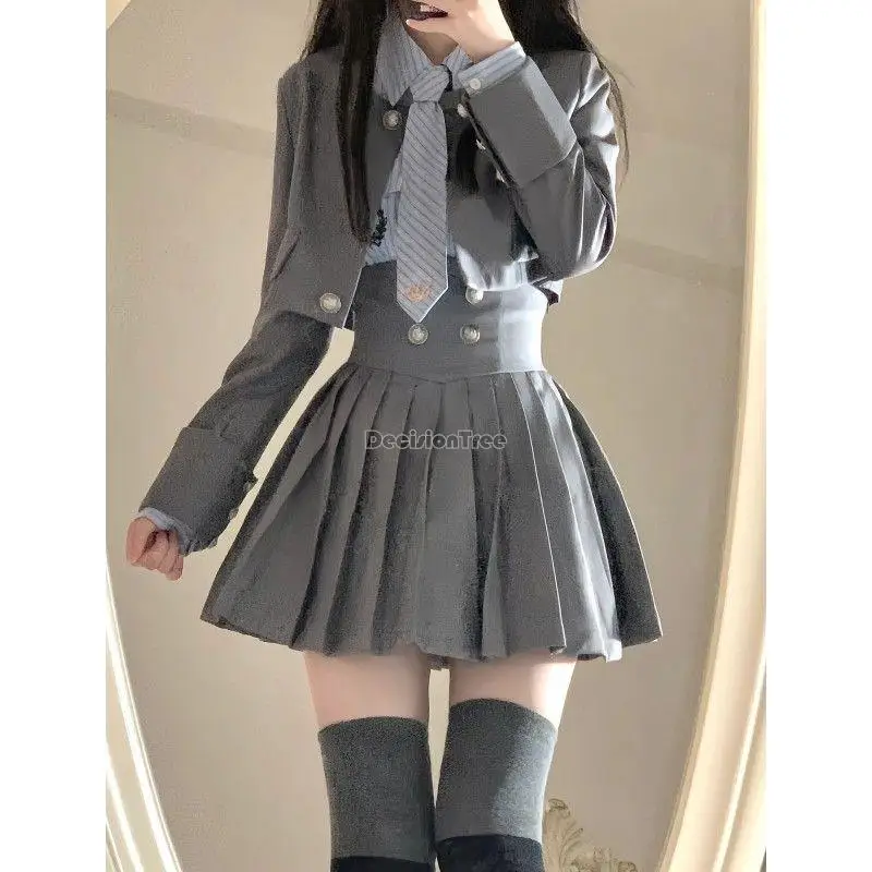 2023 Jk Korea Uniform College-Stijl Shirt Met Lange Mouwen Kort Pak Jasje Met Hoge Taille Geplooide Rok Mode Driedelige Set S787